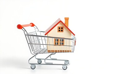 Miniature house model in a shopping cart, symbolizing the concept of home buying.