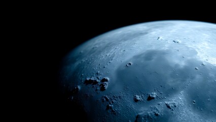 Detailed view of the moon's surface with craters, glowing blue against the darkness of space.