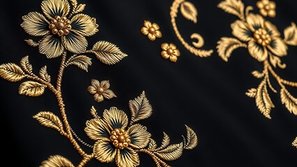 Black luxury fabric with floral embroidery and gold threads, showcasing elegant texture detail.