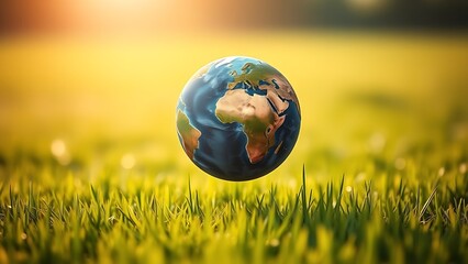 Earth floating above a green field, symbolizing environmental awareness in golden morning light.