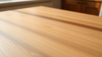A wooden table showcases subtle grain patterns under soft, gradient kitchen light.