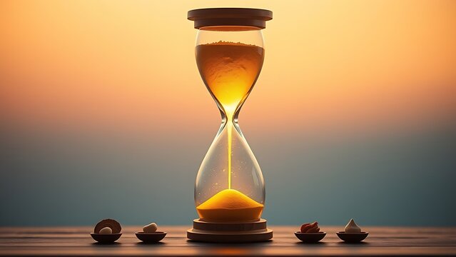 A glowing hourglass with golden sand flowing upwards, surrounded by symbolic objects representing healthy habits against a dawn gradient.
