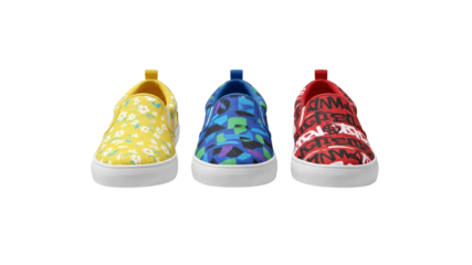 Three colorful slip-on shoes side by side