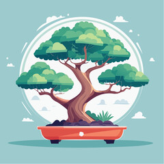 A vibrant illustration of a bonsai tree in a red pot against a light blue background.