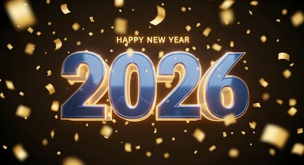Happy New Year 2026 luxury background with blue 3D glowing numbers and falling golden confetti on a dark background, Generative AI illustration.