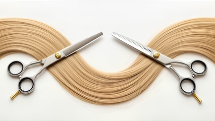Hairdresser tools featuring professional scissors placed on flowing blonde hair, showcasing the art of hairstyling and precision in a creative salon environment