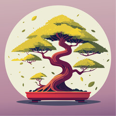 Stylized bonsai tree with a winding trunk and lush green foliage in a red pot against a circular background.