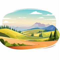 Scenic landscape illustration with rolling hills, mountains, and a clear sky, evoking a sense of peace and natural beauty.
