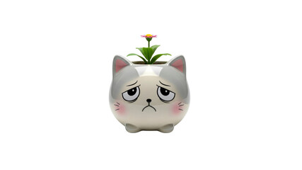 Obraz premium Sad cat planter with flower On Transparent Background