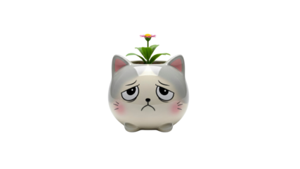 Sad cat planter with flower On Transparent Background