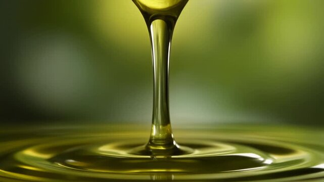 A drop of green liquid falls into a serene pool, creating concentric ripples, captured from a close-up viewpoint.