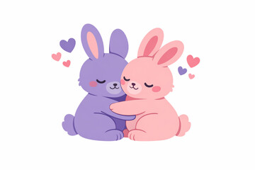 Fototapeta premium Cute Bunny Couple Hugging with Floating Hearts Flat Valentine Illustration on White Background