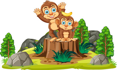 Cute mother and baby monkeys hugging with hearts floating around them.