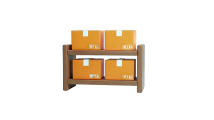 3D Orange cardboard boxes on a wooden shelf on transparent background