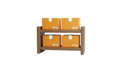 3D Orange cardboard boxes on a wooden shelf on transparent background