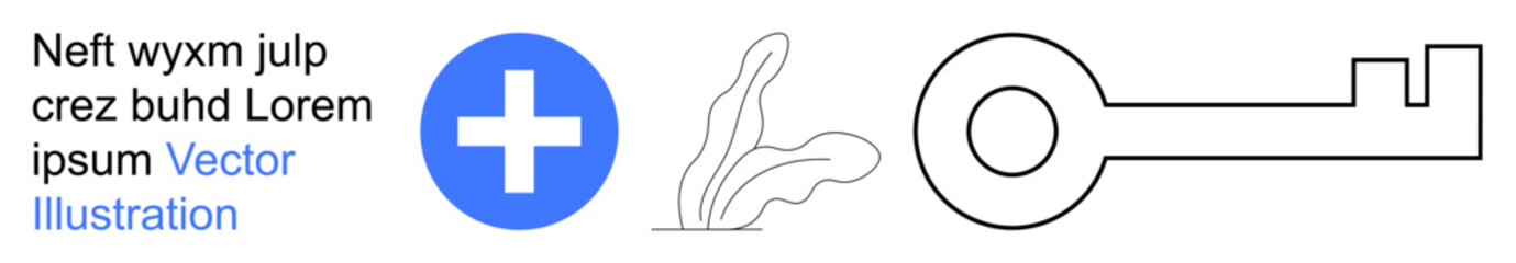 Obraz premium Healthcare, security, minimalism, growth concepts, abstract design, digital media. Blue cross, abstract plant and outlined key in a minimalist style. Healthcare and security concept