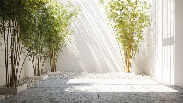 Tranquil minimalist garden design showcasing elegant bamboo plants against bright white walls and gravel ground - Powered by Adobe