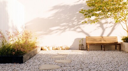 A tranquil contemporary outdoor space with white gravel an inviting wooden bench and serene tree shadows