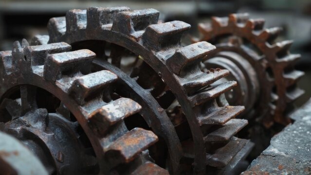 Rusty gears arranged in circular pattern with aged metal and blurred industrial background. Mood: decay and neglect.