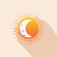 Illustration of a crescent moon inside a sun with rays.