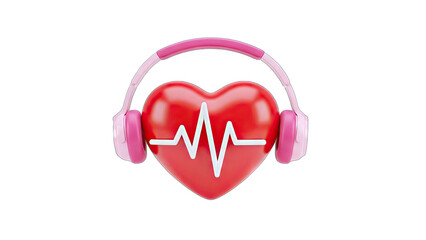 3D Heart with headphones and EKG line on transparent background