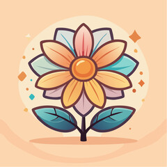Stylized flower illustration with pastel colors and a cartoon-like design, featuring a layered petal arrangement and a central yellow disc.