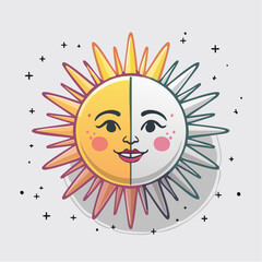 Stylized sun with a face, half yellow and half white, surrounded by rays.