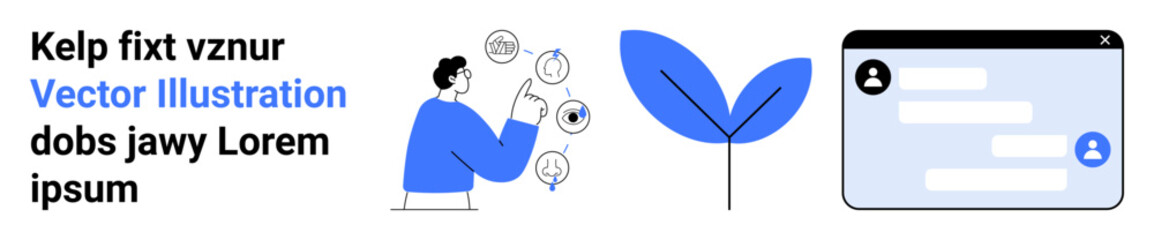 Obraz premium Business communication, teamwork, environmental growth, social interaction, creativity, messaging tools. Person brainstorming ideas with a plant and a chat interface. Business communication