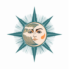 Sun and moon face with waves, surrounded by teal starburst.