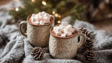 Christmasthemed hot chocolate mugs on a cozy blanket with festive decorations, creating a warm and inviting ambiance.