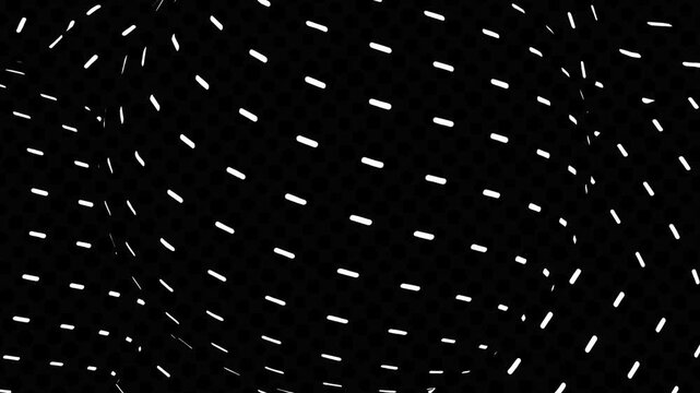 Monochrome motion graphic featuring rotating spherical forms defined by white dots and dashes that stretch and twist against a dark, textured background.