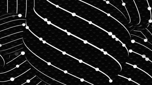 Complex 3D animation of large, textured spheres rotating in a cluster, highlighted by glowing white orbital lines and spherical beads that travel along their surface.