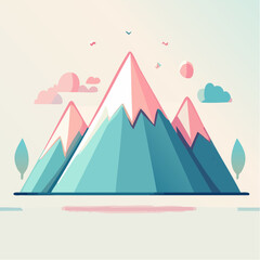 Stylized illustration of three mountains with snow-capped peaks and pastel colors.