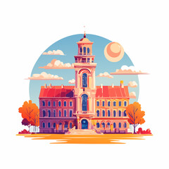 Illustration of a grand building with a tower, set against a blue sky with clouds.