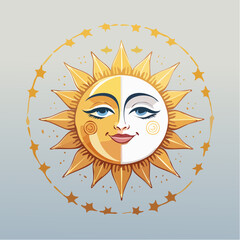 Sun and moon face with stars, celestial illustration.