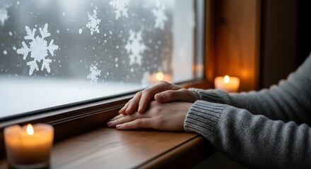 Cozy winter window scene with hands resting on sill and glowing candles, snow falling outside