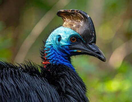 Close up of a cassowary bird with vibrant blue and black feathers