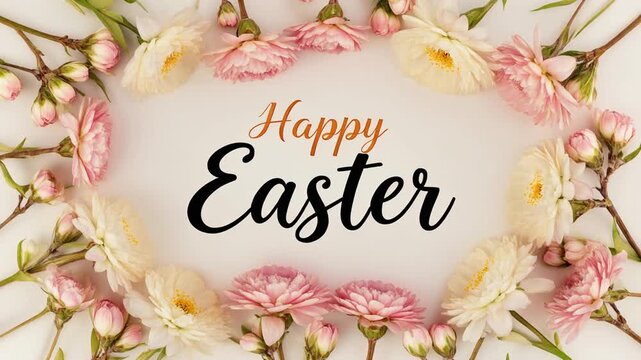 Top-down view of 'Happy Easter' greeting framed by delicate spring flowers on a bright background, perfect for holiday celebrations.