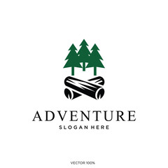 Outdoor Adventure Logo with Pine Trees and Campfire Logs