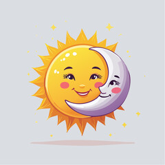 Cartoon illustration of a smiling sun and moon embracing, set against a light background.