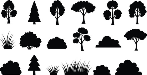 Silhouette of trees and plants, forest vegetation icons, natural landscape design, coniferous and deciduous trees, bushes and grass artwork © MD SAKIL