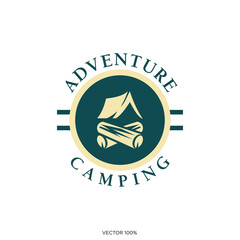 Adventure Camping Outdoor Badge Logo with Tent and Campfire Logs