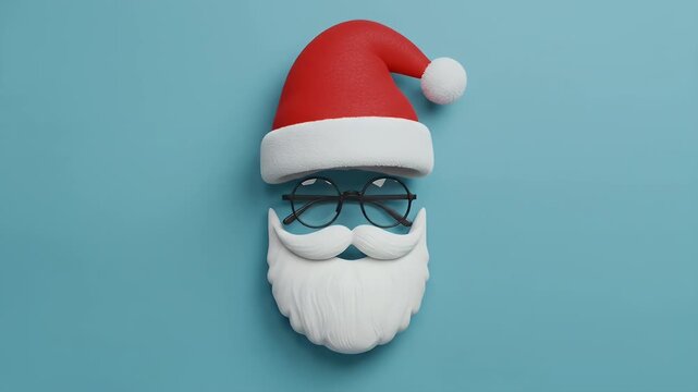 Cinematic zoom captures Santa's face with glasses and hat on blue background, close-up view.