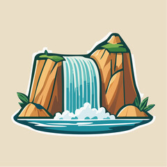 Cartoon illustration of a waterfall cascading down rocks into a pool of water, surrounded by greenery.