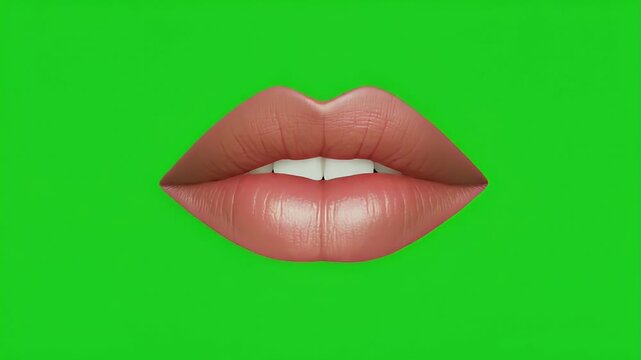 Close-up of pink lips talking with animation against a green screen background.