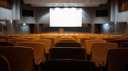 The quiet stillness of an unoccupied lecture hall featuring a bright screen and empty seats