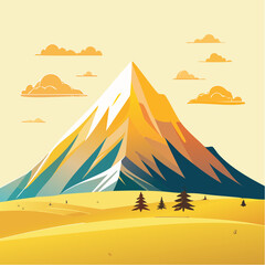 Illustration of a mountain landscape with a snow-capped peak, trees, and clouds in a stylized, geometric design.