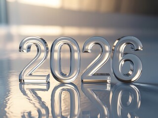 2026 Clear Glass Numbers With Realistic Reflection On Glossy Surface And Soft Sunlight Bokeh.