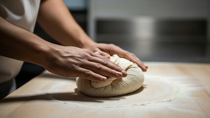 Baker Kneading Dough on Floured Surface.