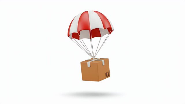 Delivery Box Descends via Red White Parachute White Background